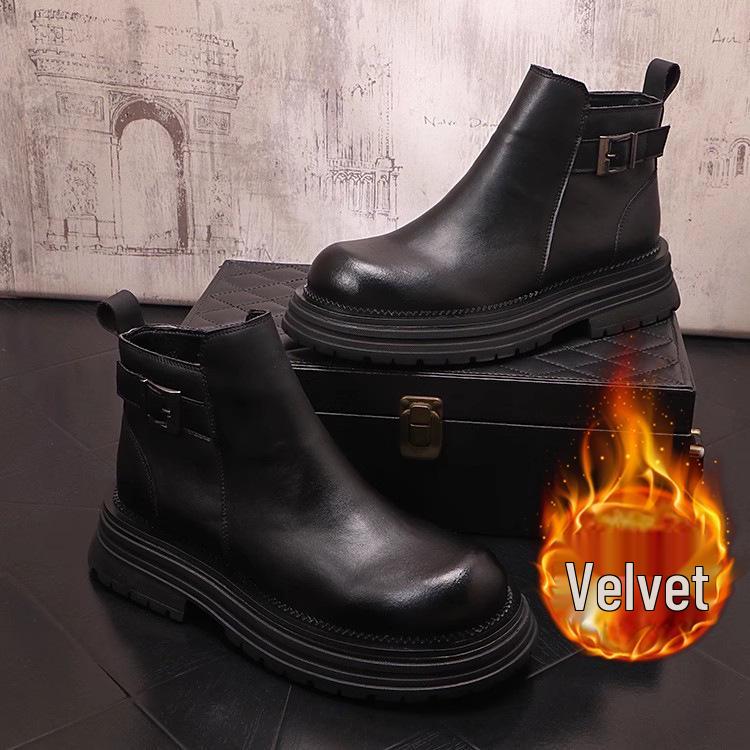 Men's Chelsea Leather Slip-On Boots - High-Top, British Style, with Inner Height Increase and Martin Boot Warmth.