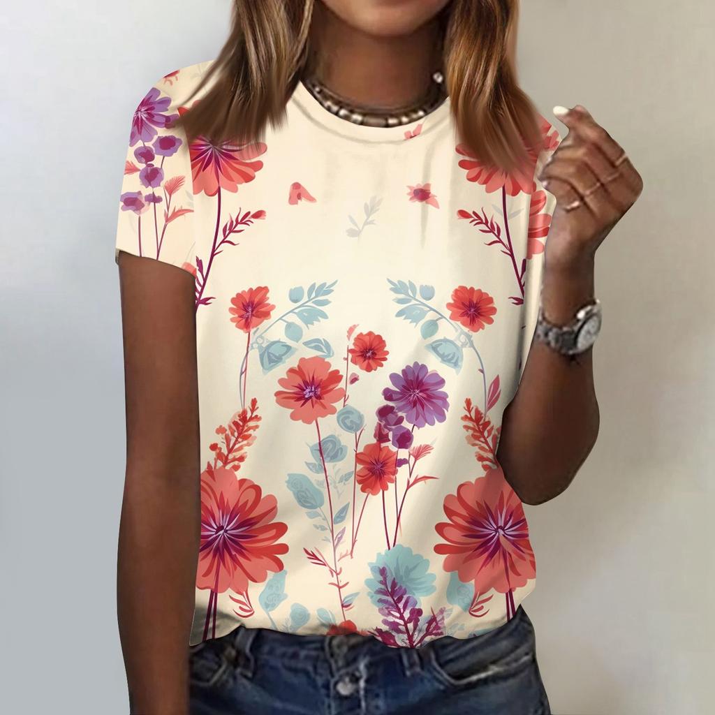 Женская модная повседневная футболка с цветочным принтом и круглым вырезом, топ с короткими рукавами