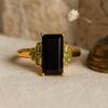 Wedding Engagement Anniversary Promise Gift – Natural Black Onyx and Real Peridot Ring, Vintage Art Deco Yellow Gold Plated Handmade Jewelry
