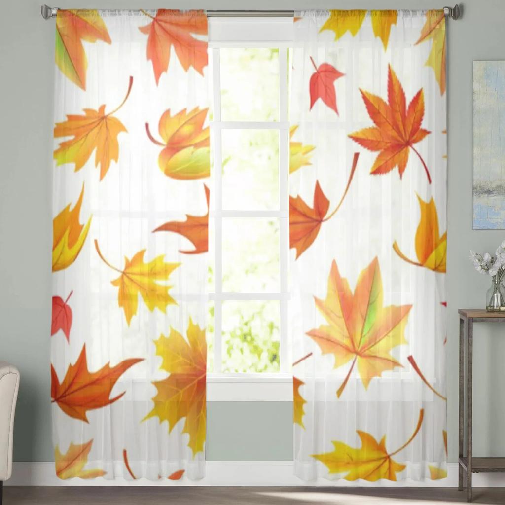 Осенние прозрачные шторы с желтыми листьями для гостиной, современные модные занавески с балдахином для кухни, тюлевые шторы