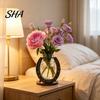 Decorative Glass Ornament Horseshoe Shaped Flower Vase, Rustic Metal Frame with Modern Unique Holder Clear Jar, Western Farmhouse Desktop Floral