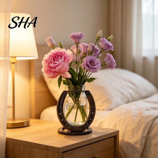 Decorative Glass Ornament Horseshoe Shaped Flower Vase, Rustic Metal Frame with Modern Unique Holder Clear Jar, Western Farmhouse Desktop Floral