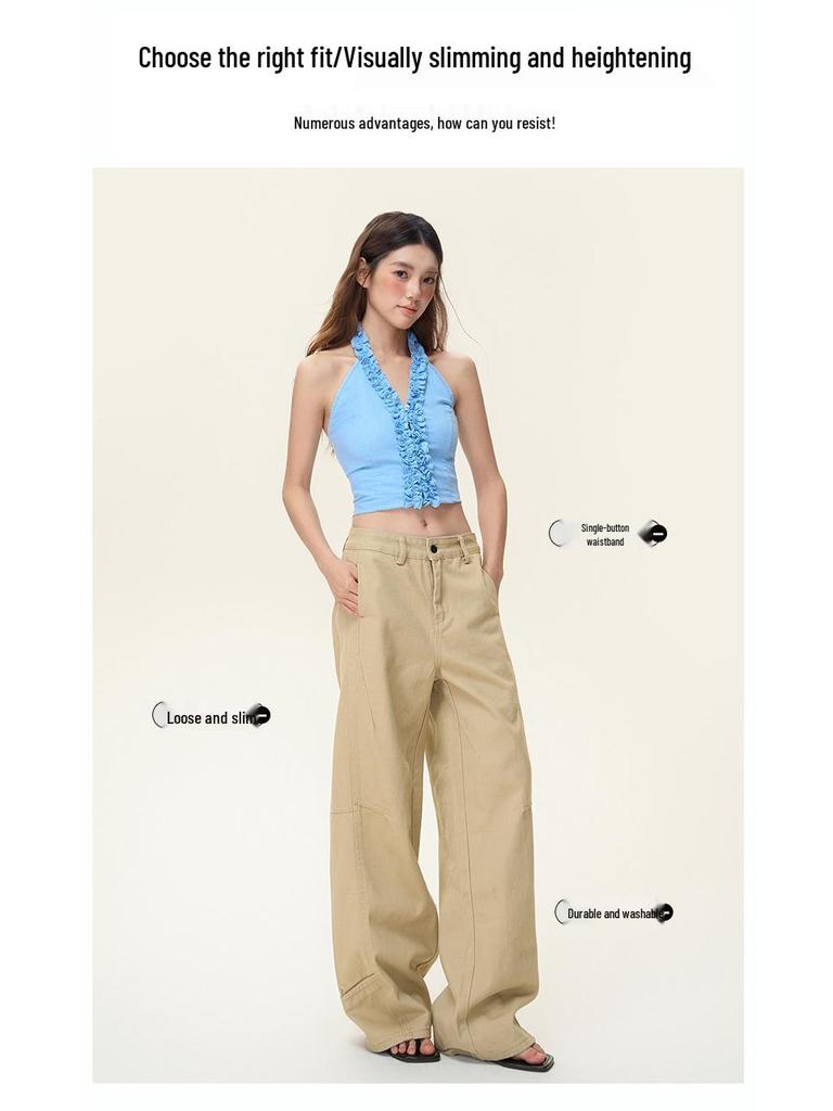 Women's Autumn Retro Khaki Wide-Leg Floor-Length Jeans