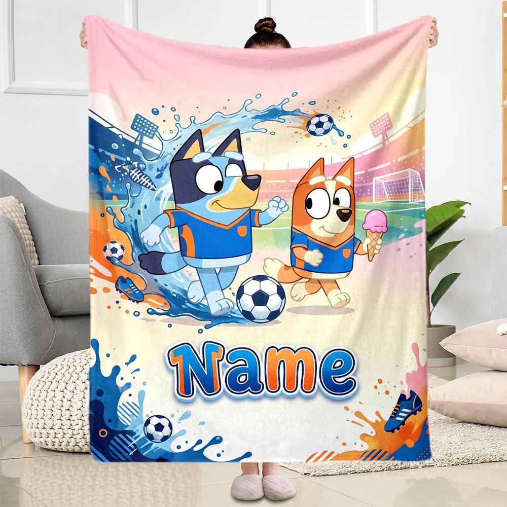 Bluey's Soccer Fun Personalized Name Blanket Gift Customizable Blanket Durable Comfort for Couch Home Decor Bedding Living Room for All Occasions