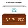 2025 Sound Control LED Digital Alarm Clock Wooden Design Thermometer Qi Wireless Charging Pad Desk Clock