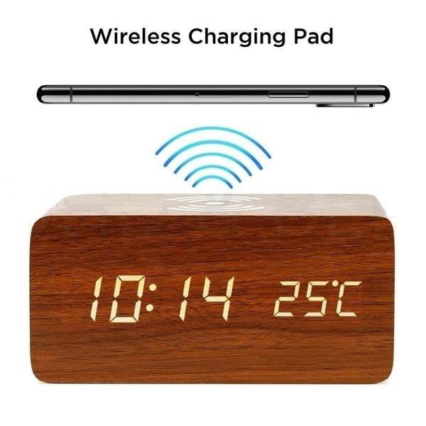 2025 Sound Control LED Digital Alarm Clock Wooden Design Thermometer Qi Wireless Charging Pad Desk Clock