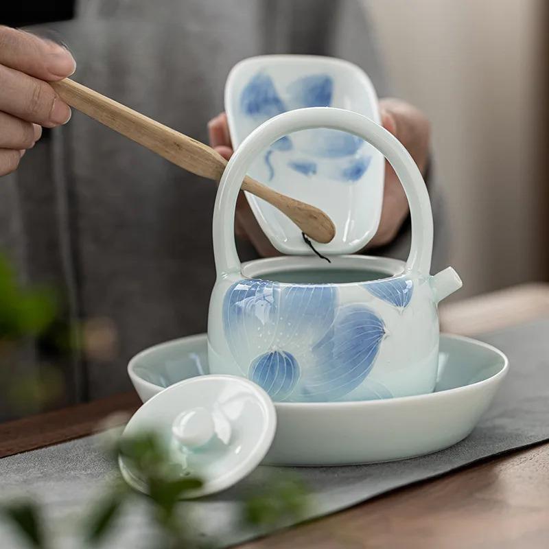 200 мл Керамический чайник с ручной росписью и завязкой, одиночный, для дома, японский, с гравировкой лотоса, заварник для чая с фильтром, набор для чайной церемонии Кунг-фу