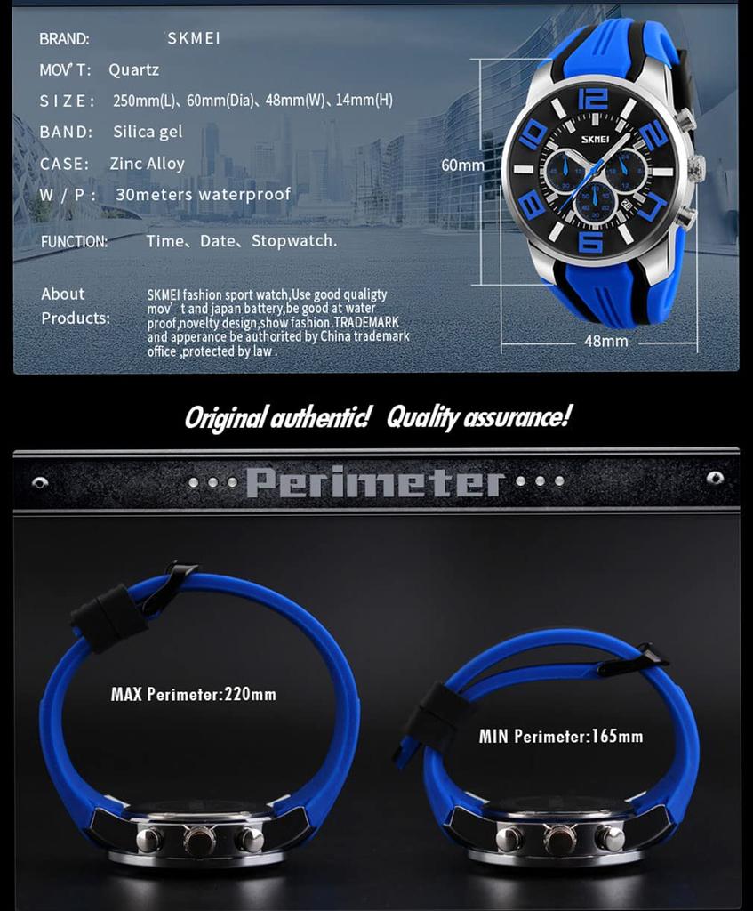 Silicone Fashionable Casual Sports Big Face Arm Watch Waterproof Chronograph Brand Analog Gentleman Watch Date Fluorescent Luxury Present Red Watch