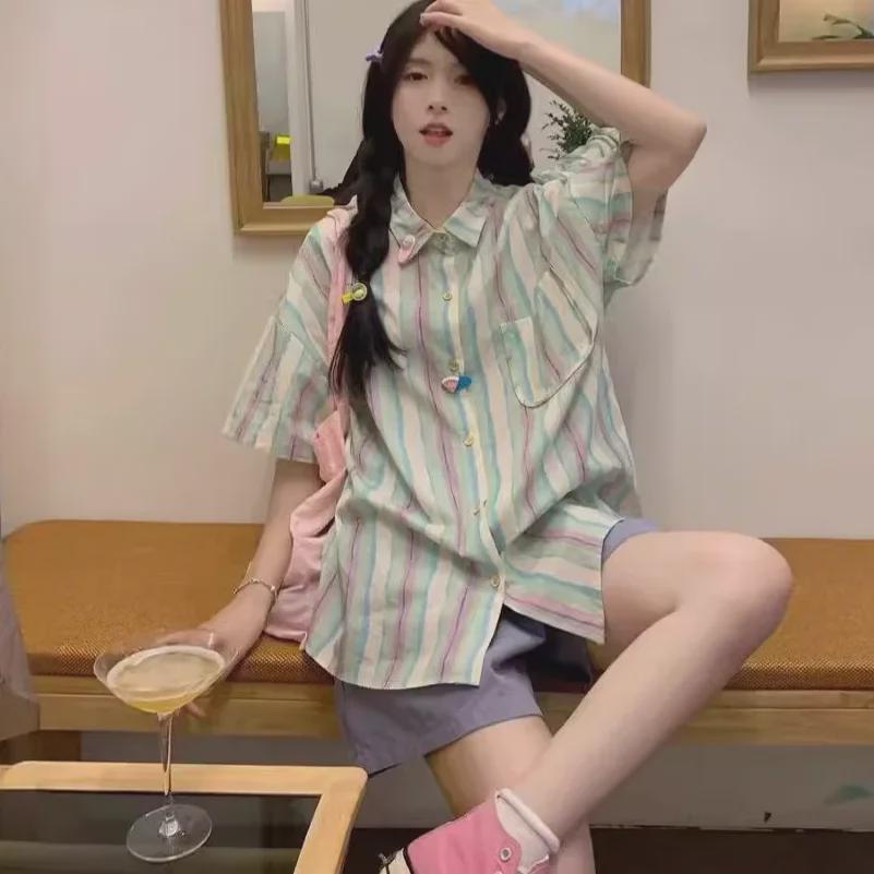 Dopamine Wear Women's Colorful Striped Short-Sleeve Shirt - Cute, Sweet, Loose Fit, Mid-Length for Summer