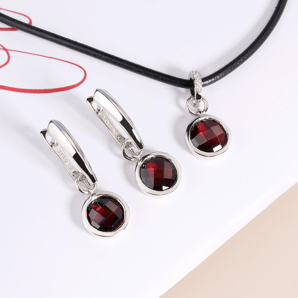 Серебро 925 пробы, серебряный кулон, ожерелье, серьги, комплект ювелирных изделий, оправа безеля, красный гранат, натуральный драгоценный камень, простой дизайн для женщин, хороший подарок