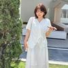 Large size women's French V-neck front shoulder chiffon shirt 2026 summer strap waist irregular top 214424