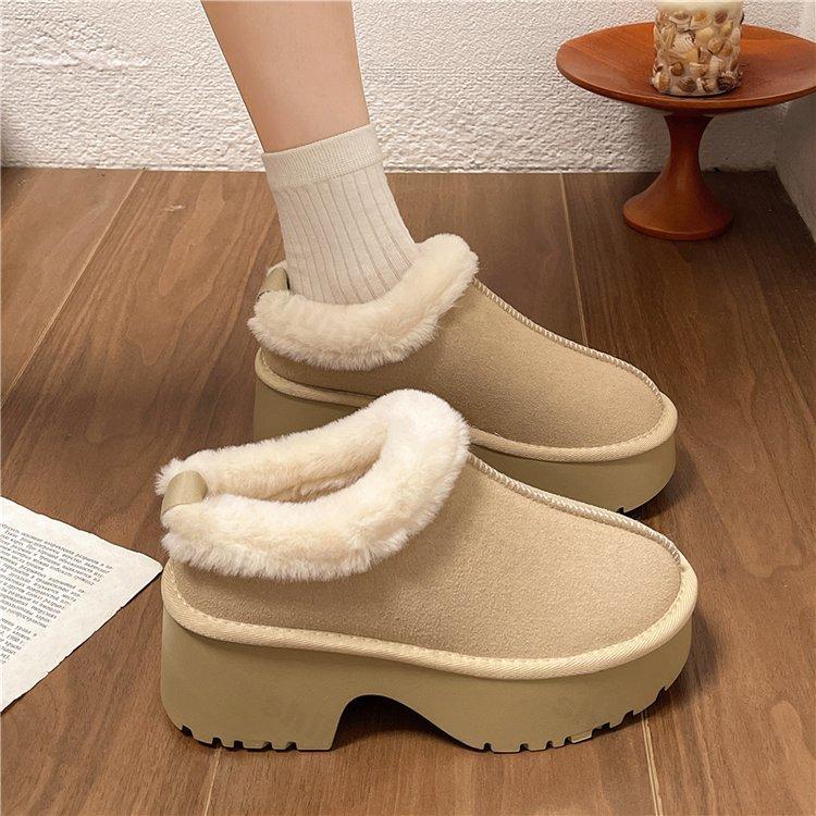Тапочки из хлопка и меха на высоком каблуке, женская обувь 2024 года, новые дизайнерские замшевые теплые зимние сапоги, зимние повседневные короткие плюшевые тапочки