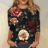 Женская мода повседневная три четверти рукав цветочный принт круглый вырез пуловер топ
