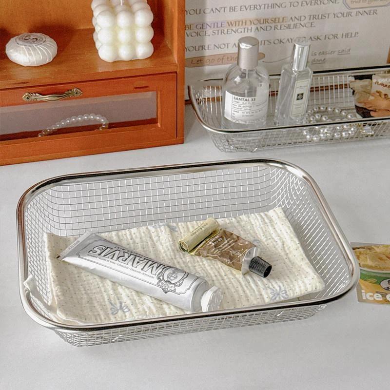 Stainless Steel Mesh Fruit Basket Rectangular Wire Storage Tray Easy Clean Draining Tray For Kitchen Vegetable Washing