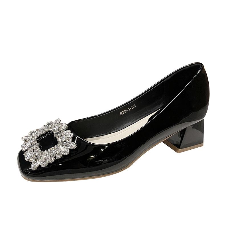 Туфли-лодочки женские новые из лакированной кожи с квадратным носком, на среднем каблуке, для работы, с квадратной пряжкой и стразами