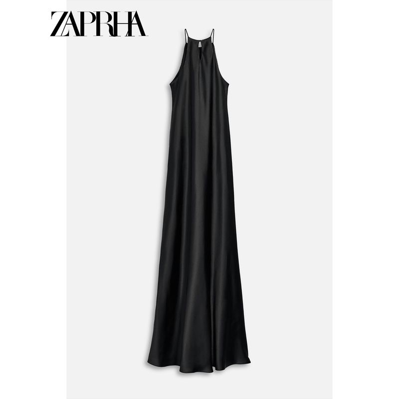 Zaprha 2025 Summer New Fashion round Neck Fine Sling Silk Satin Texture Midi Dress 3186331
