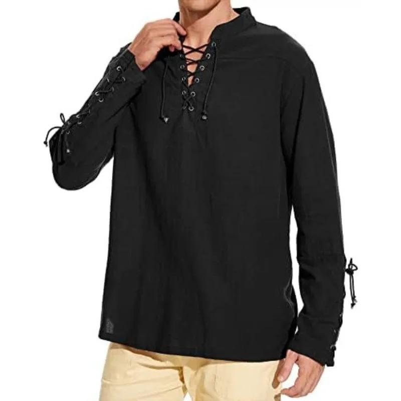 Shirt Long-sleeved Hippie Casual Beach Stand Collar Shirt New Men's New Design Lace-up Cotton Linen Henry