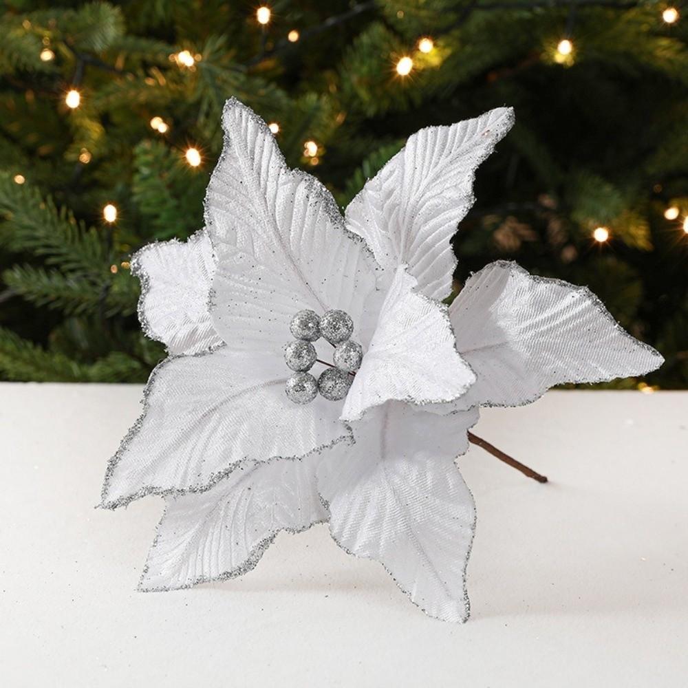 Large Poinsettia Glitter Flower 26cm Xmas Tree Decorations New Fake Flowers Christmas Decoration