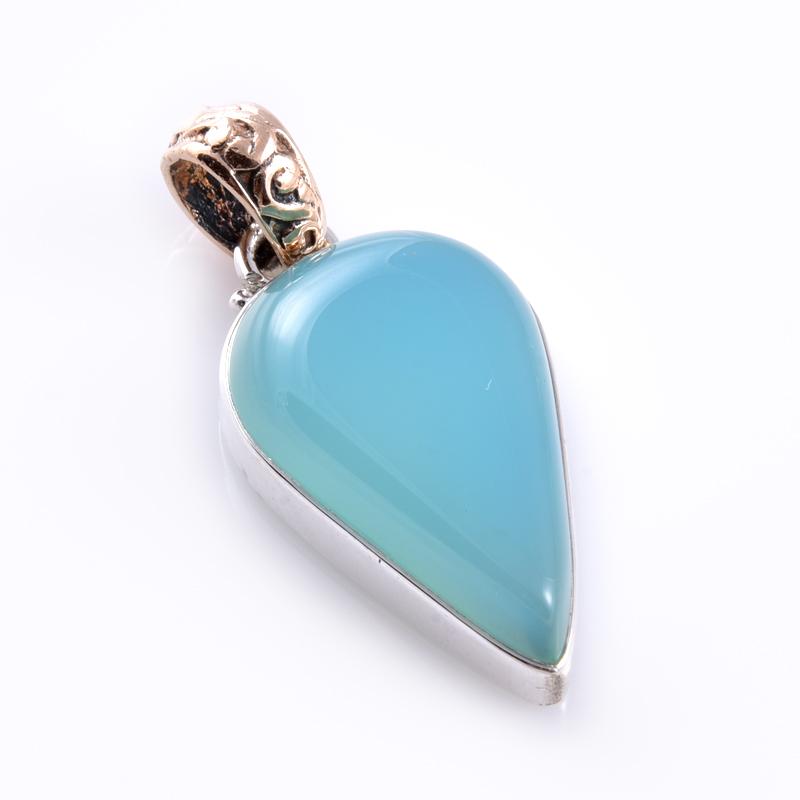 Natural Aqua Chalcedony Gemstone 925 Sterling Silver Two Tone Pendant 1.5'' u9Q64