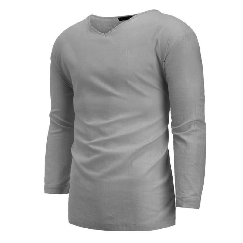 Мужская рубашка свободного кроя из хлопка и льна с длинными рукавами и V-образным вырезом