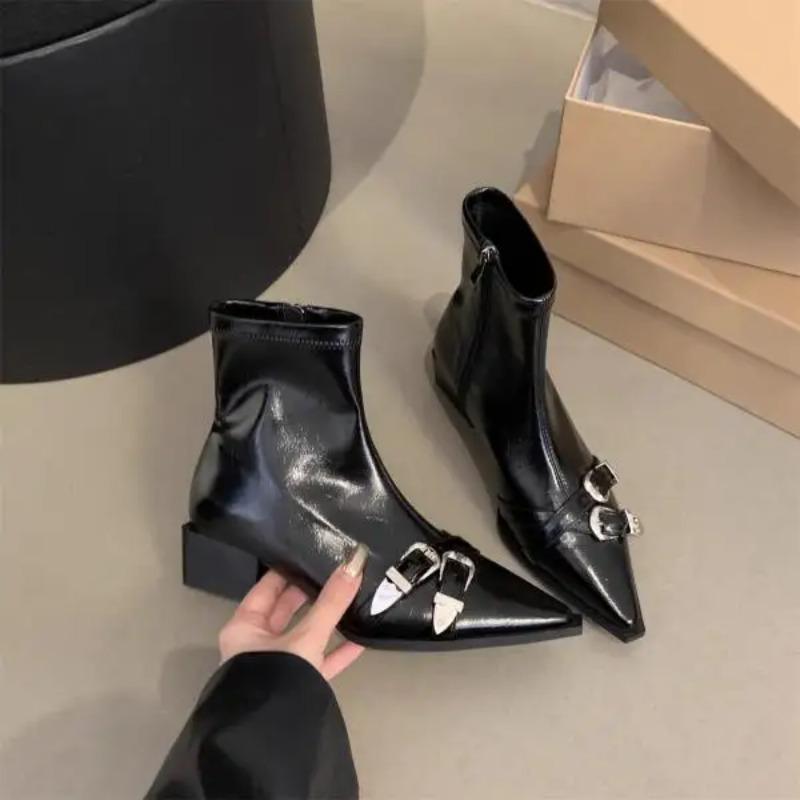 Zipper Women's Boots Autumn Shoes Boots-Women Black Rubber Pointy Med Ladies Rock Ankle PU Hoof Heels Rome Pointed Toe Micr