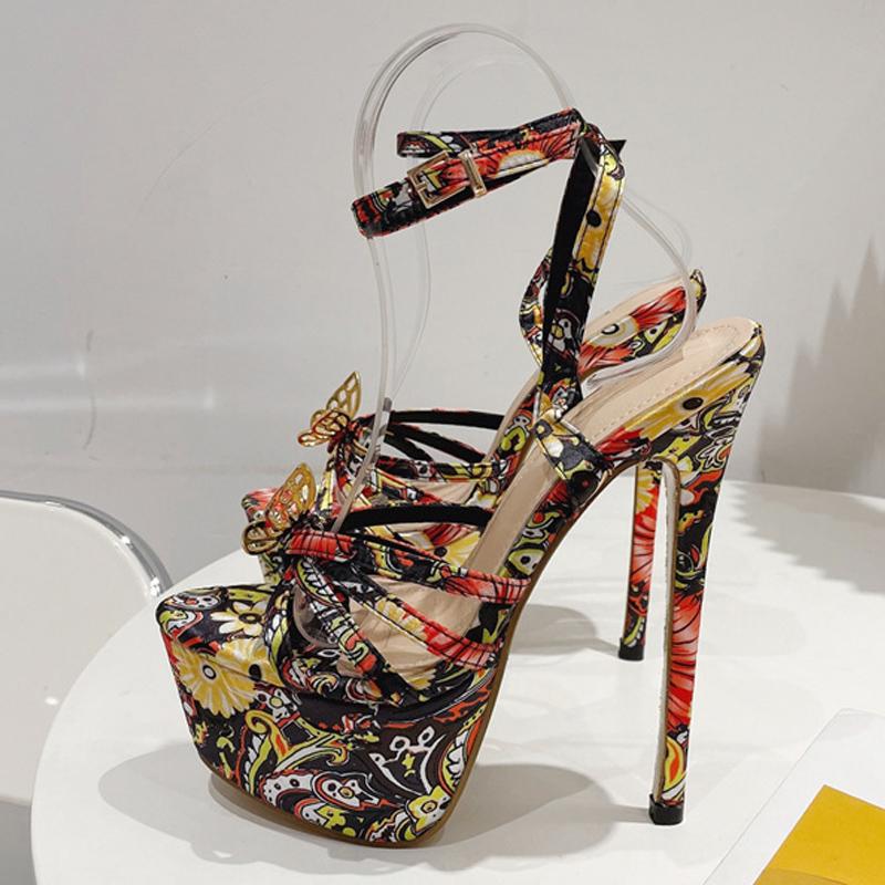 Новый модный дизайн, сандалии на платформе с цветочным принтом, женские туфли на очень высоком каблуке с открытым носком и бантом, обувь для танцев на пилоне