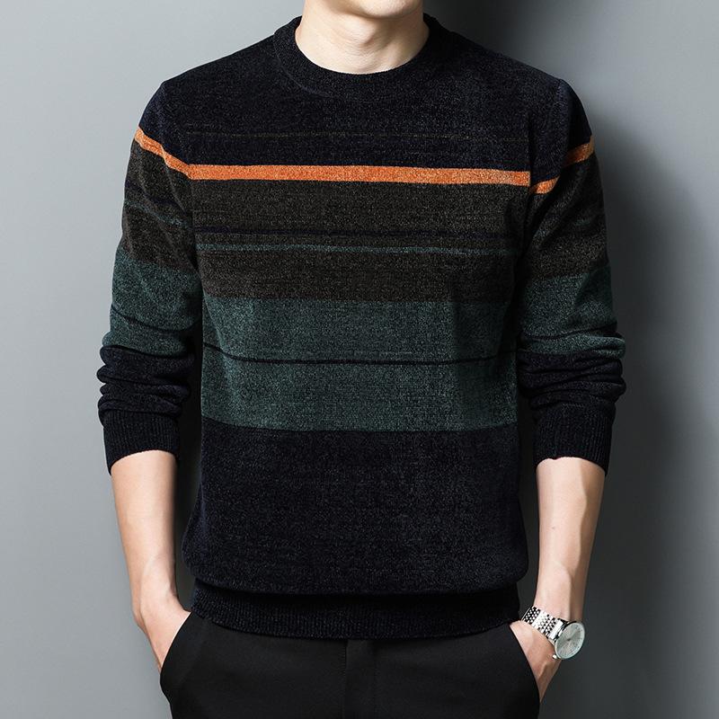Мужской зимний теплый свитер на флисовой подкладке - пуловер с круглым вырезом и геометрическим узором, повседневный трикотажный топ с длинными рукавами, стандартный крой для выходов и выходов