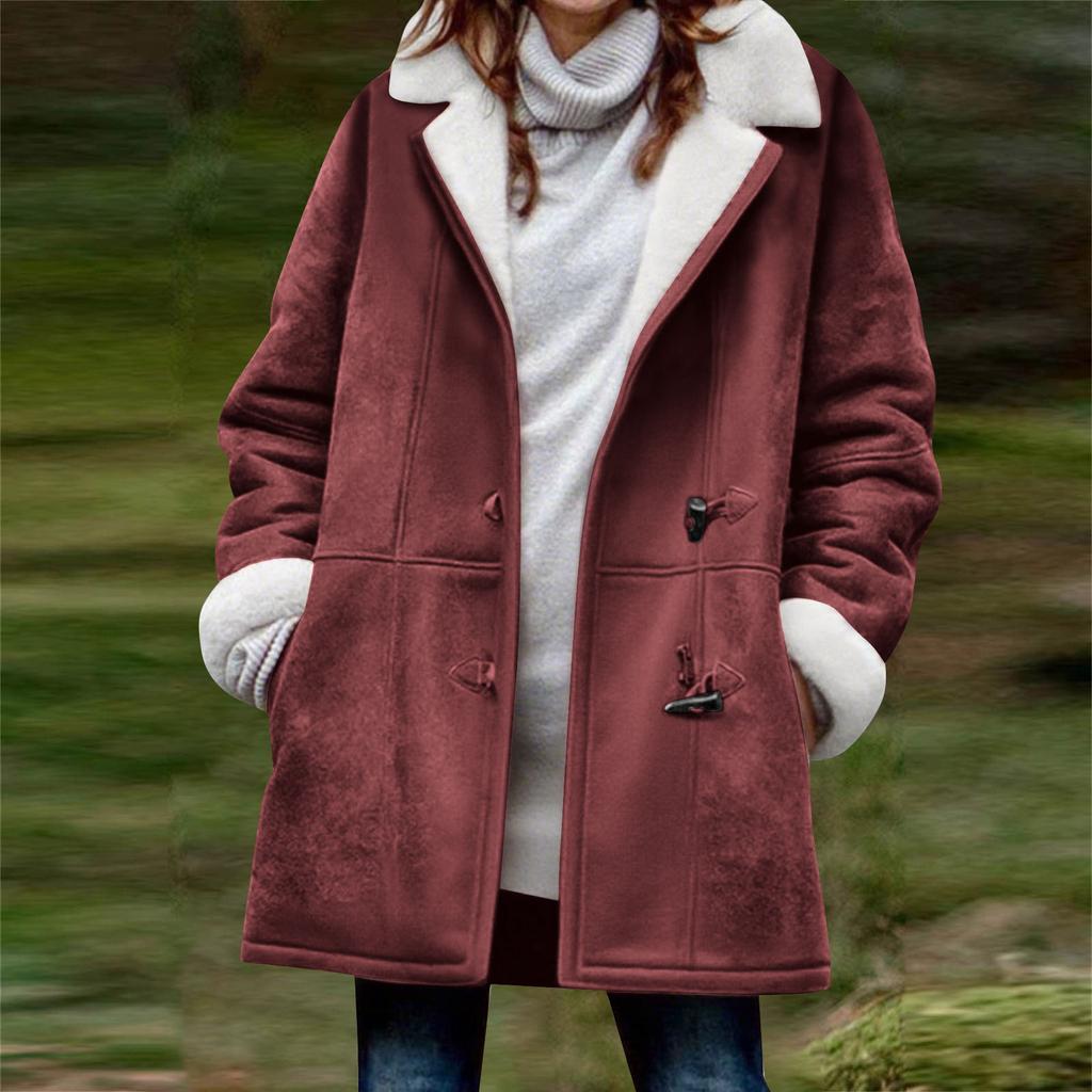 Women's Fashionable Coat Solid Color Long Sleeved Pocket Loose Button Plush Jacket