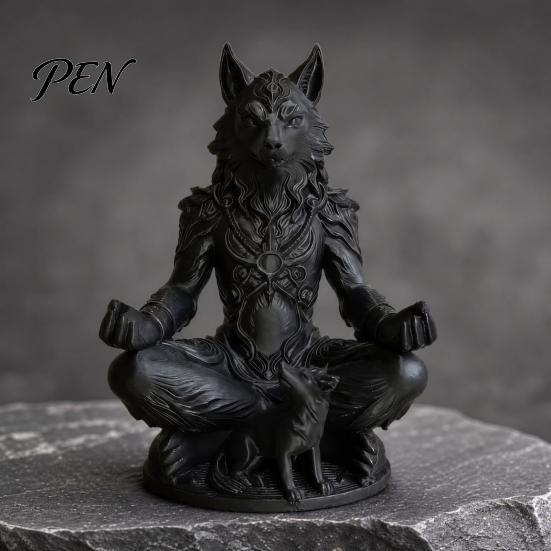 Медитативная фигурка 3D-печатная готическая статуя оборотня, скульптура воина-зверя Дзен с круглой матовой статуэткой-основанием, матово-черная фэнтези