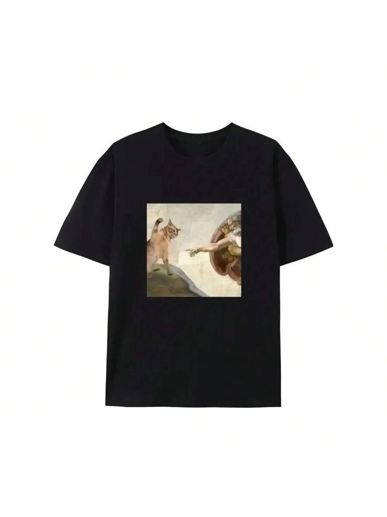 Humorous Cat And Adam Creation Parody Graphic T-Shirt Casual Tee Fit Short Sleeve For Summer Casual Fashion Top Wo'unisex Clothes