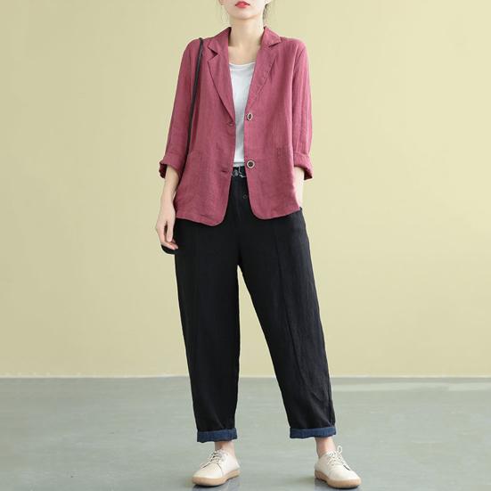 Cotton Linen Coat for Women Vintage Long Sleeve Blazer Jacket Casual Lapel 2 Buttons Thin