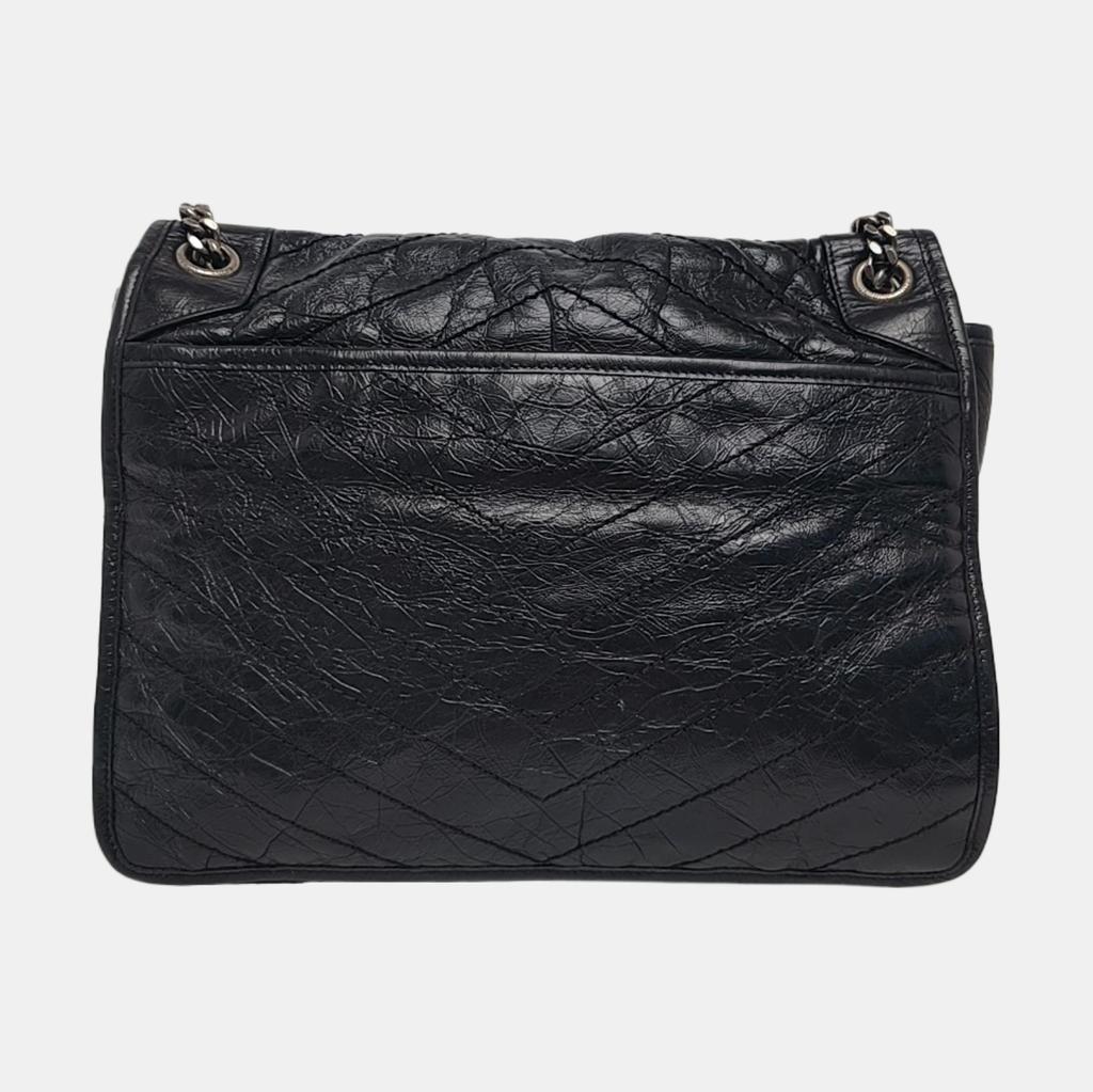 [Pre-Owned] Ysl Niki Silver Chain Black Label Logo Vintage Pleated Leather Crossbody Shoulder Bag - Very Good #1Q3DUDX