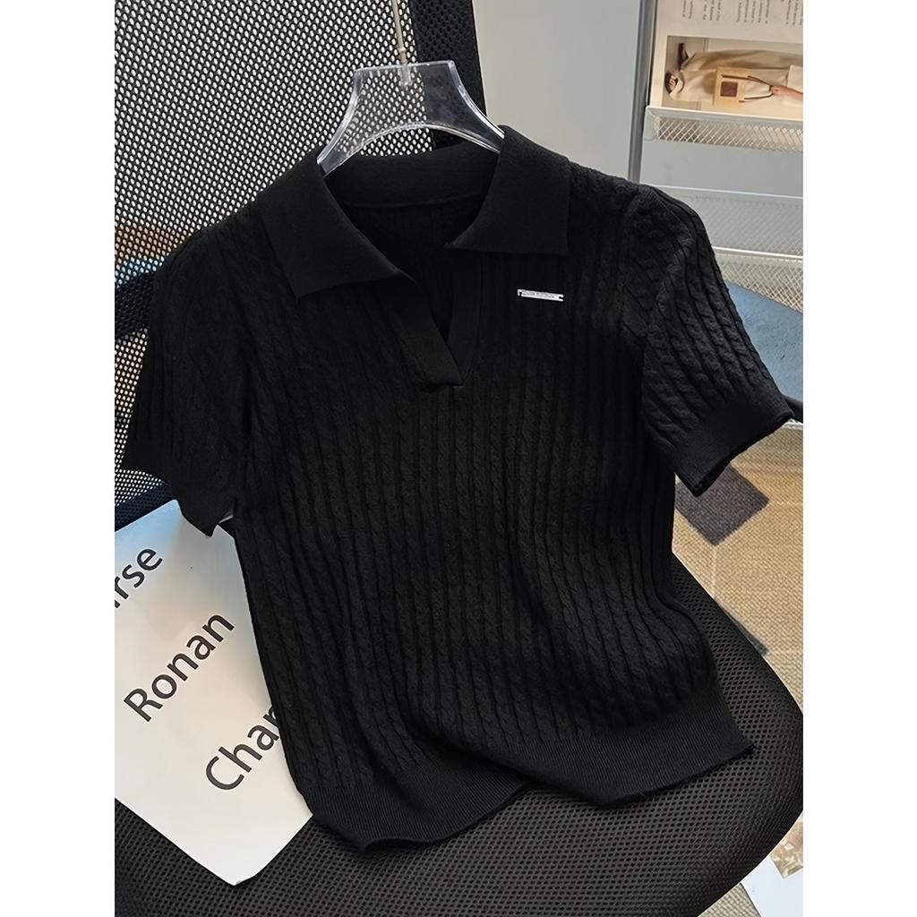 Temperament Lapel Ice Silk Knit Top Летняя свободная тонкая футболка с короткими рукавами