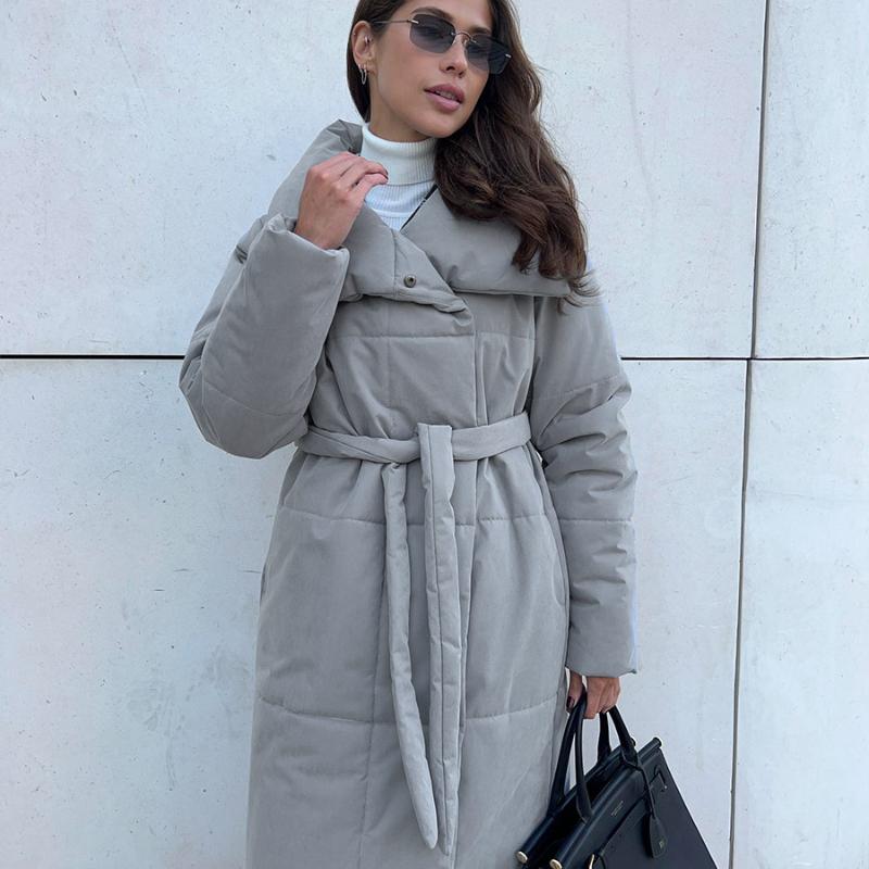 Женские осенне-зимние свободные теплые куртки-пуховики с поясом, модные куртки, свободные однотонные повседневные пальто, хлопковая стеганая куртка