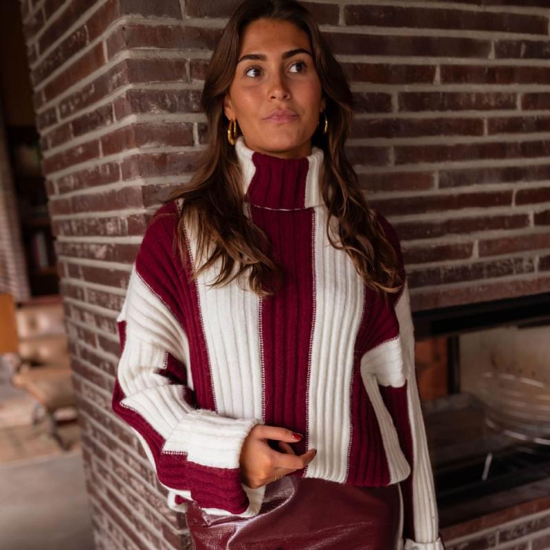 2025 New Style, Autumn/Winter, Women's Wear, Striped Knitted Sweater, Splicing, High Neck, Long Sleeve, Sweater, Winter Inner Top