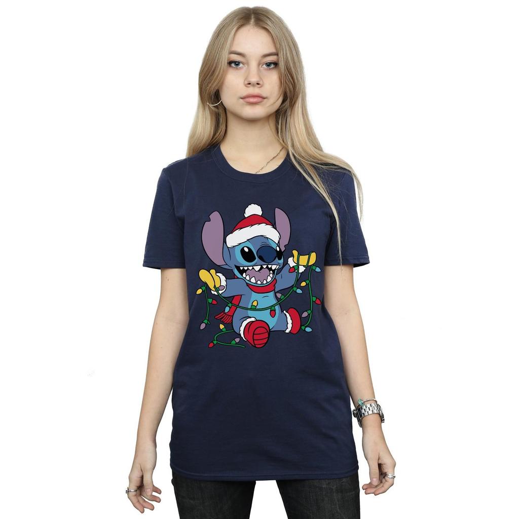 Disney Womens/Ladies Lilo And Stitch Christmas Lights Cotton Boyfriend T-Shirt