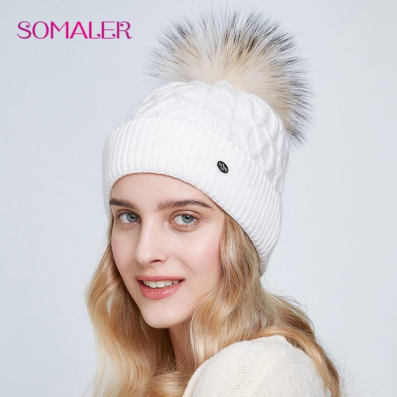 SOMALER Womens Winter Warm Knitted Hats with Fur Pompom Soft Angora Wool Cuff Twist Dome Beanie Female Solid Color Skull Cap
