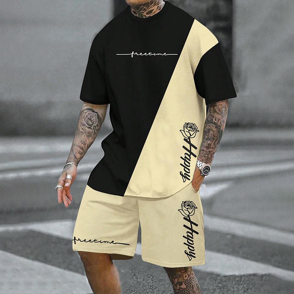 Мужская летняя повседневная футболка с круглым вырезом, коротким рукавом, принтом в виде 3D-букв и цветов, комплект шорт на шнурке, спортивная одежда