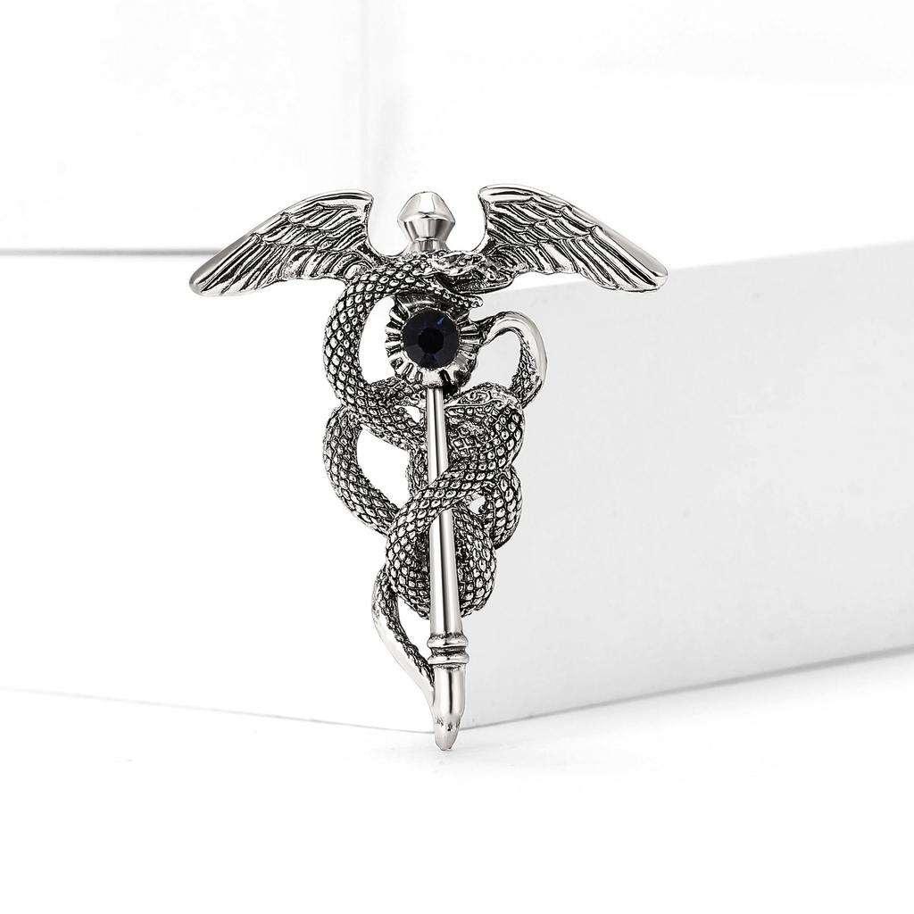 Винтажный сплав брошь в виде ангельских крыльев и посоха в виде змеи, новый креативный аксессуар для груди с цветком