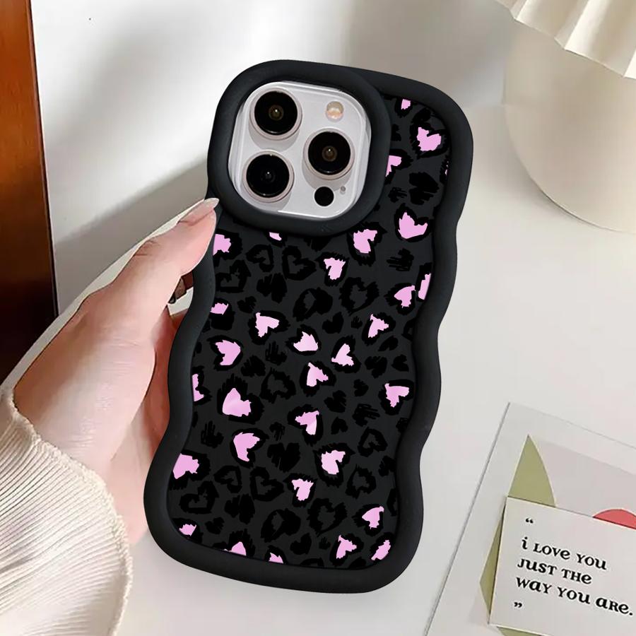 Мягкий чехол для телефона для iPhone 15 Plus 11 16 Pro Max 8 12 13 14 17 Air XR Леопардовый принт Розовое сердце