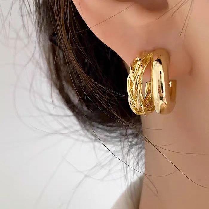 Корейские двуслойные серьги-кольца, простые и универсальные серьги, нишевое дизайнерское решение, высококачественные серьги, для женщин