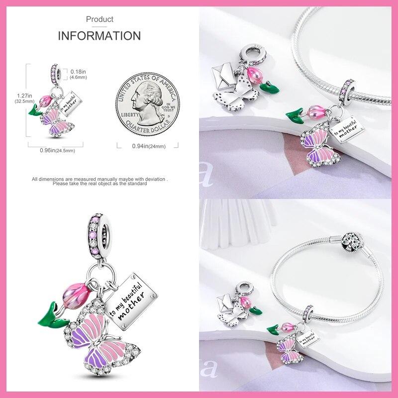 100% стерлингового серебра 925 пробы, летний тюльпан, подсолнух, розовая бабочка, ловец снов, подвески FitNew, браслет, ожерелье, ювелирные изделия для женщин
