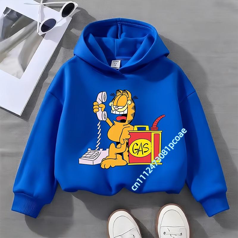 Garfield cartoon print children's hooded sweatshirt for boys, girls, casual top for women, long-sleeved for autumn and winter