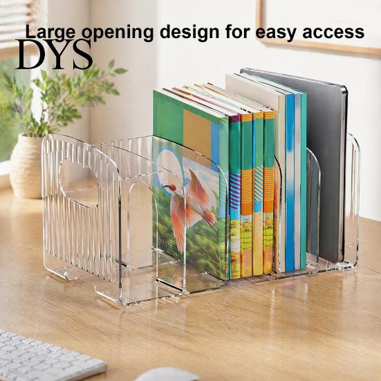 Desktop Document Storage Rack Clear Magazine Holder, 3/4-Compartment Desk Organizer, Vertical Bookend File Space Saving Book Stand for Students Sorter