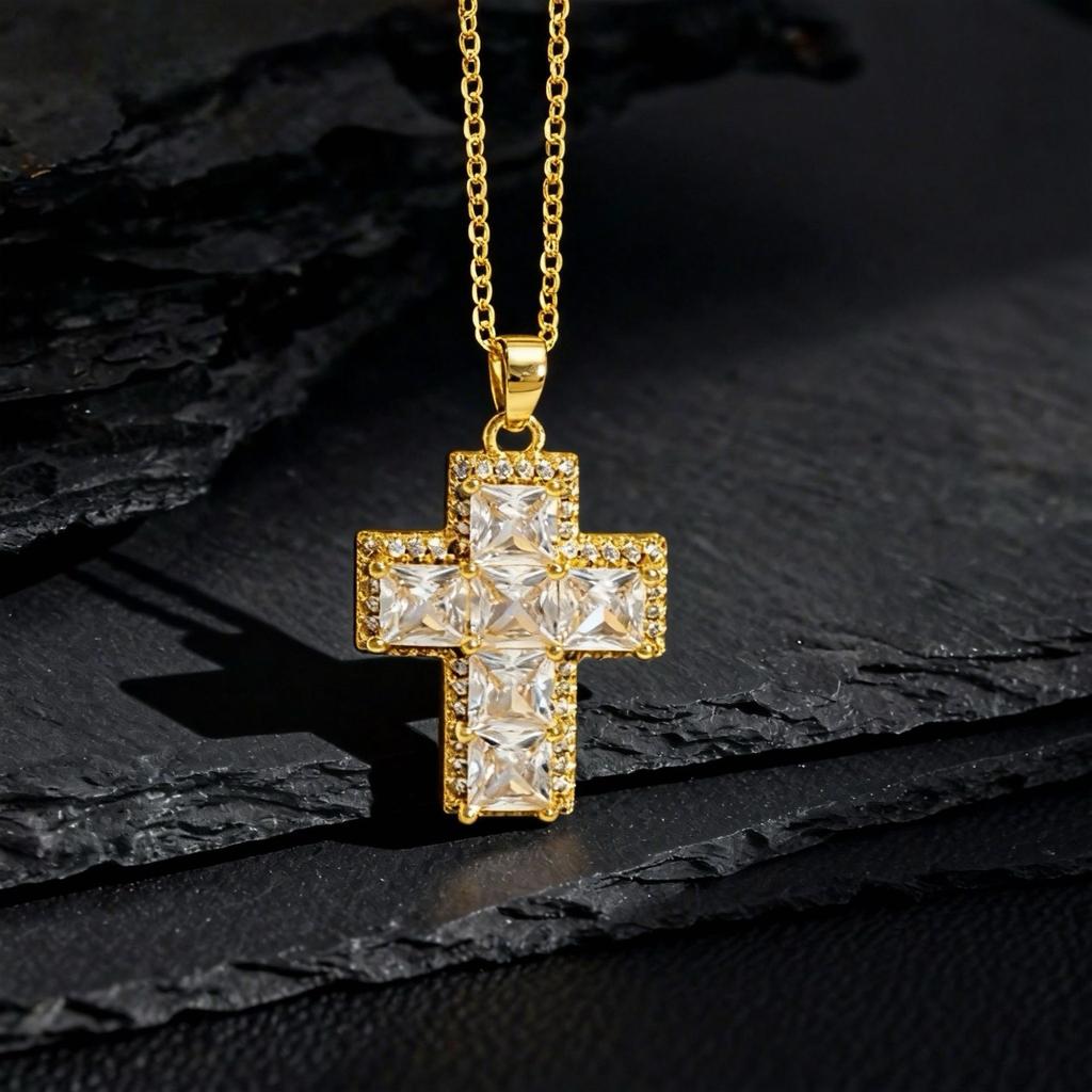 Versatile New Multi-color Zircon Pendant Cross Necklace Hip-hop Trend Jewelry