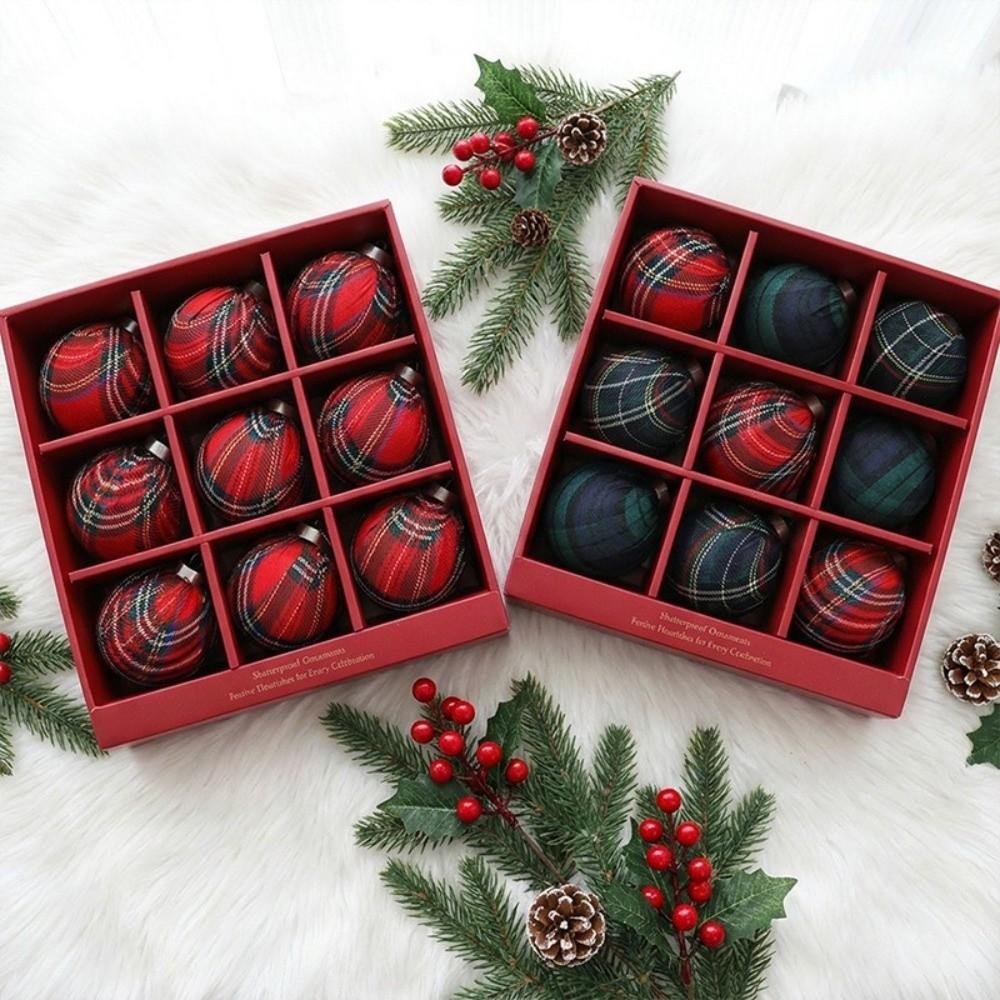 9Pcs Vintage Plaid Fabric Christmas Ball Set Grid Pattern Christmas Gift Spheres Home Decor