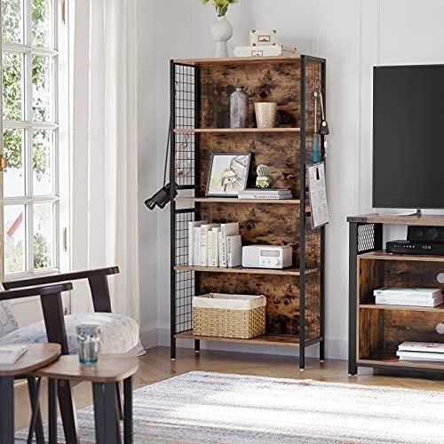 Стеллаж, Офисная полка, 4 уровня для книг, украшений, устойчивый стальной каркас, S-образные крючки для подвешивания, гостиная,