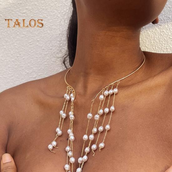 Metal Open Choker Tassel Long Star Imitation Pearl Beads Tassel Collar Clavicle Chain Necklace Chest Body Jewelry For Women