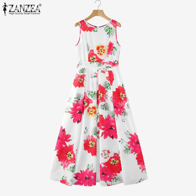 ZANZEA Женское повседневное платье без рукавов с круглым вырезом и цветочным принтом на талии