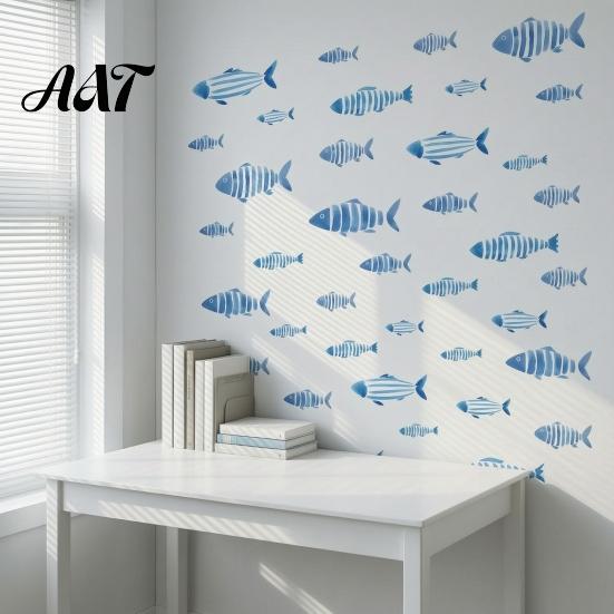 Easy to Apply Wall Graphics Watercolor Blue Fish Decals, Striped Ocean Sea Life Stickers, Removable Self-Adhesive Bathroom Decor Coastal Art for